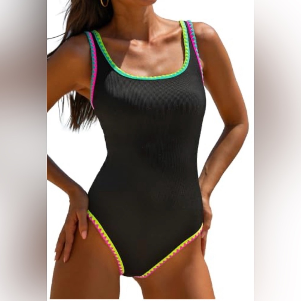Black One-Piece Swimsuit with Neon Trim